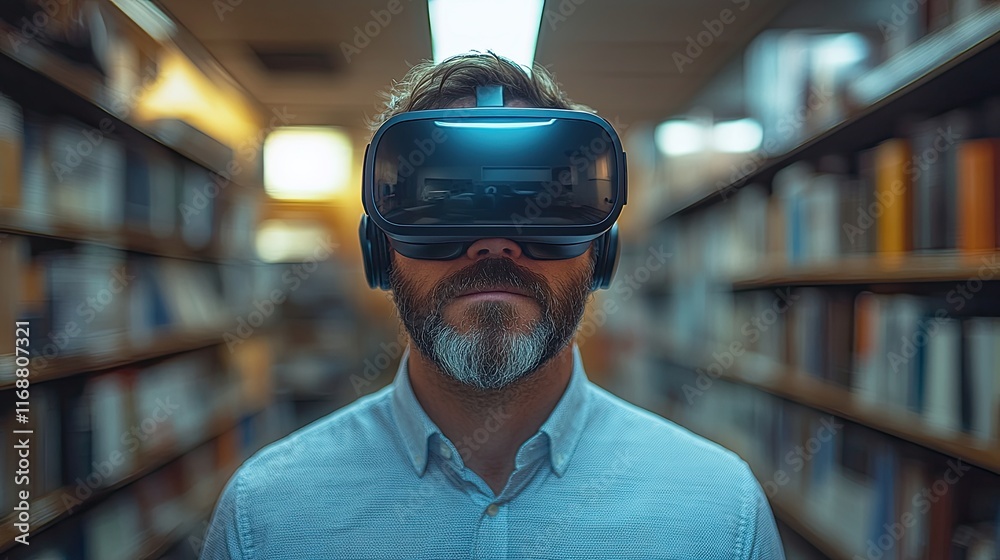 A man wearing a VR headset stands in a library, looking forward with a thoughtful expression. A man wearing a VR headset stands in a library, looking forward with a thoughtful expression.