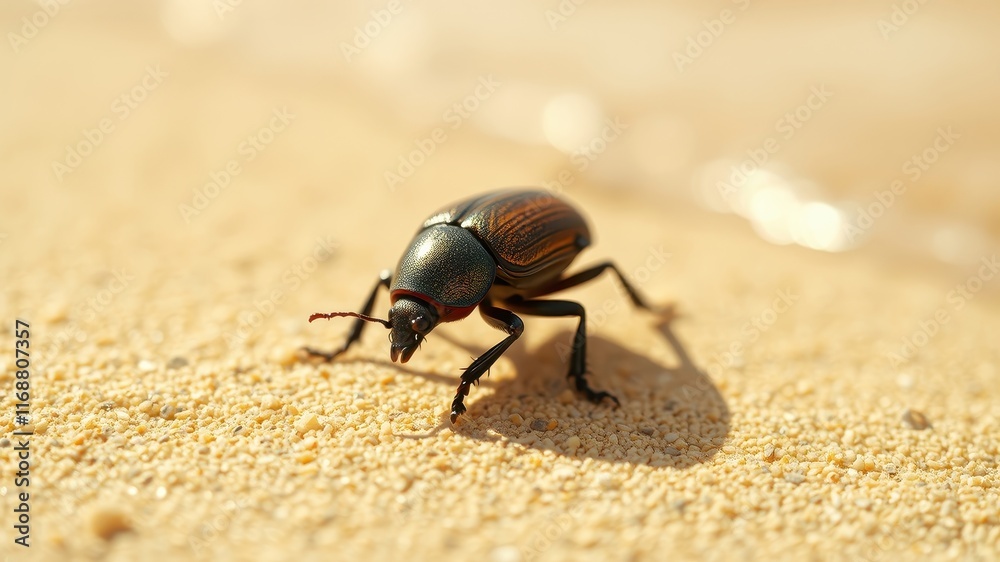 Close-up of a dark-colored beetle with reddish-brown stripes on its elytra, walking on light-colored sand in bright sunlight. Close-up of a dark-colored beetle with reddish-brown stripes on its elytra, walking on light-colored sand in bright sunlight.