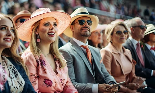Well dressed English people watching Horse racing event at summer sunny day