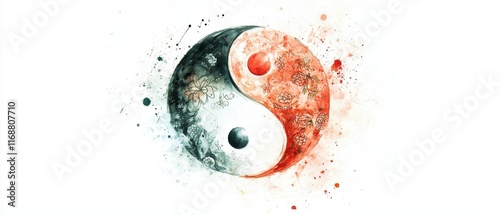 Beautiful Artistic Representation of Yin Yang Symbol with Floral Elements and Watercolor Splashes on White Background