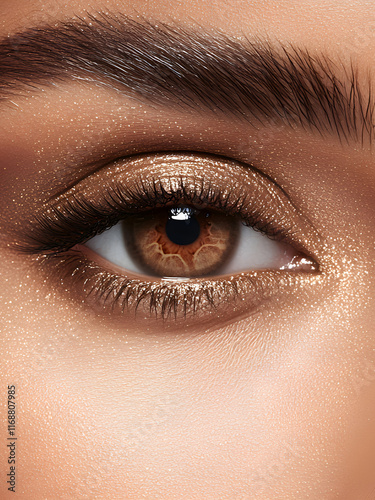 Beautiful african american woman. Golden eye makeup. Macro female eyes glitter makeup. Holiday make-up with gold and shiny eye shadows. Natural beauty. Cosmetology and skin care cosmetic concept