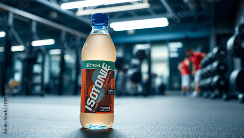 bottle of isotonic drink advertising photo at gym mockup. Sports beverage prevents dehydration and provides energy. photo