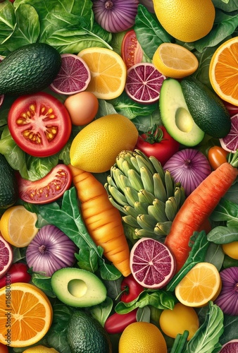 Wallpaper Mural Colorful Arrangement of Fresh Vegetables and Fruits, Featuring Avocados, Citrus, Tomatoes, and Leafy Greens, Perfect for Healthy Eating and Cooking Inspiration Torontodigital.ca