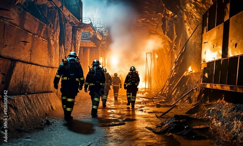 Camera follows for Firefighter. Fire brigade arrived to an accident place in city