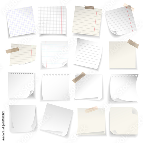 Paper notes set. Vector Stickers for squared and lined notes, sticky sheets with tapes.Notepaper meeting reminder, memos set. Blank sheet, sticky note, torn piece. Paper tags message card frames page.
