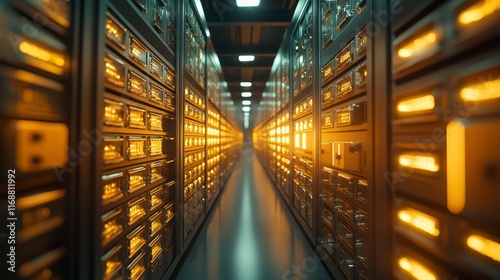 Illuminated Server Room Corridor Data Center Technology Infrastructure Network Servers Digital