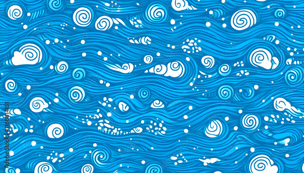 Abstract swirling ocean waves seamless pattern design; vibrant blue water texture with white spiral and cloud shapes; perfect for textile, wallpaper, or website backgrounds. Abstract swirling ocean waves seamless pattern design; vibrant blue water texture with white spiral and cloud shapes; perfect for textile, wallpaper, or website backgrounds.