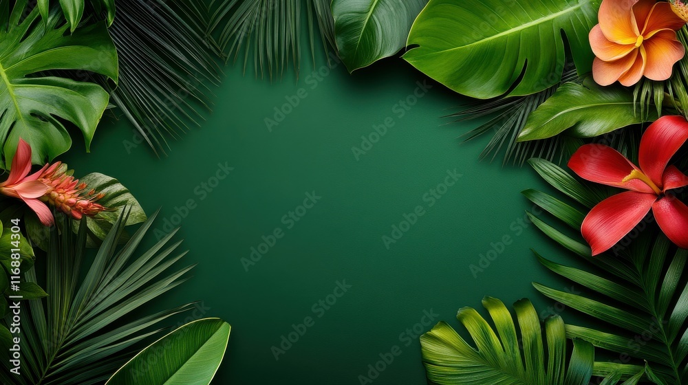 Fototapeta premium A green background with a bunch of leaves and flowers