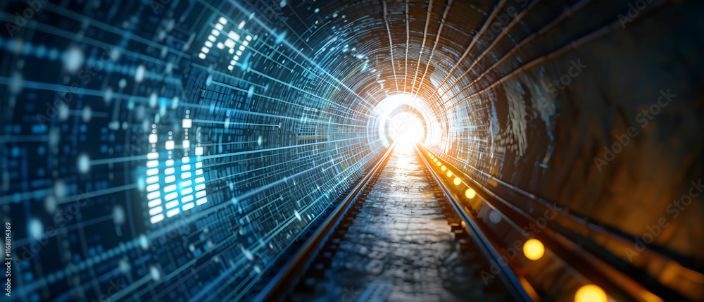 Digital Tunnel with Glowing Light at End, Symbolizing Technology and Innovation in Modern Infrastructure Digital Tunnel with Glowing Light at End, Symbolizing Technology and Innovation in Modern Infrastructure