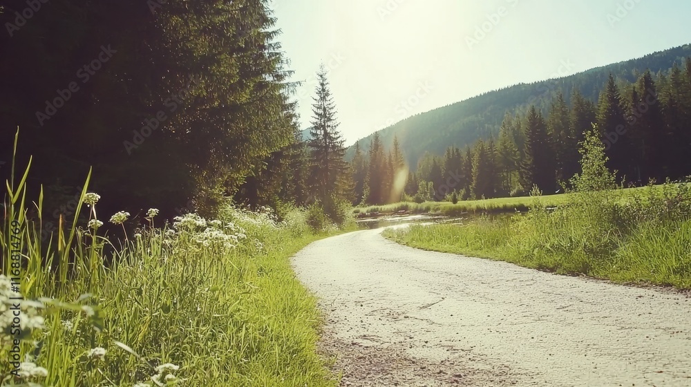 Scenic nature pathway curving through green forest tranquil landscape sunny day Scenic nature pathway curving through green forest tranquil landscape sunny day