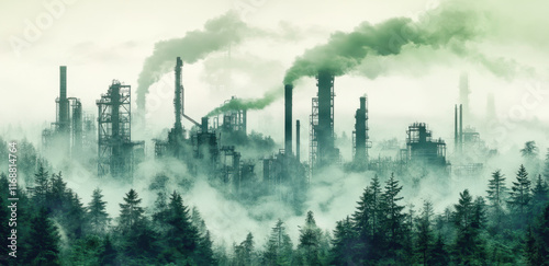 An industrial plant with towering smokestacks releases dark smoke against a backdrop of trees. The scene captures an eerie atmosphere with fog enveloping the surroundings.