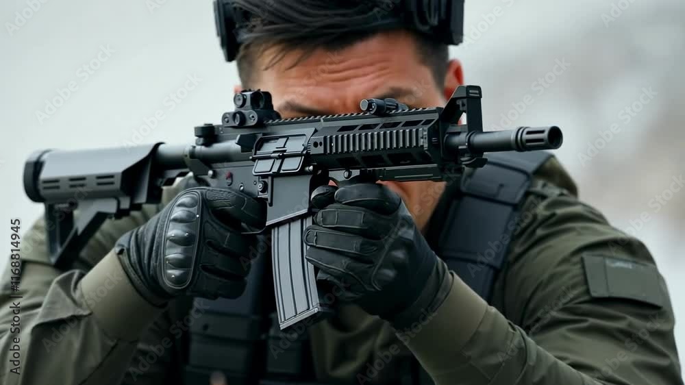 Tactical officer aiming rifle with precision and focus in intense training session Tactical officer aiming rifle with precision and focus in intense training session