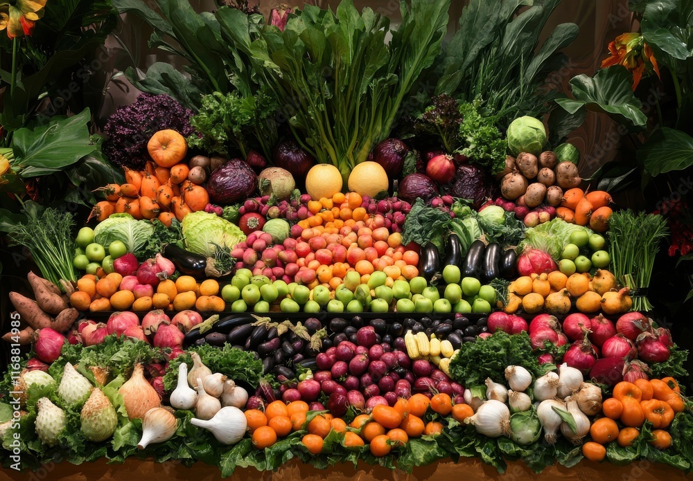 Colorful Display of Various Fresh Fruits and Vegetables Arranged Aesthetically on a Vibrant Background Evoking a Healthy Lifestyle and Organic Farming Colorful Display of Various Fresh Fruits and Vegetables Arranged Aesthetically on a Vibrant Background Evoking a Healthy Lifestyle and Organic Farming