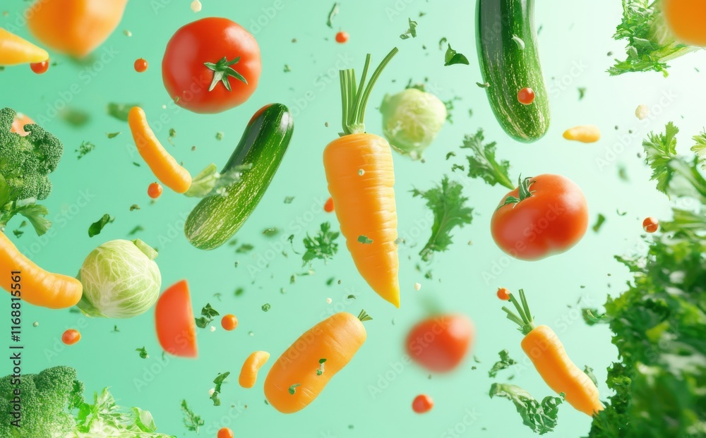 Colorful Fresh Vegetables Flying in Air with Vibrant Green Background Representing Healthy Lifestyle, Nutrition, and Natural Ingredients for Culinary Delights Colorful Fresh Vegetables Flying in Air with Vibrant Green Background Representing Healthy Lifestyle, Nutrition, and Natural Ingredients for Culinary Delights
