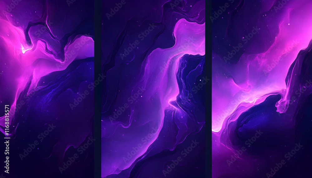 Fototapeta premium Abstract cosmic nebula, vibrant purple and dark blue hues, swirling gaseous clouds, digital art, fantasy background, three-panel triptych.