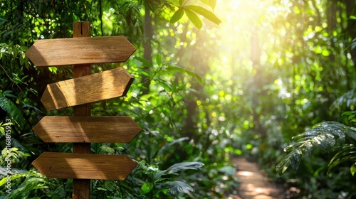 Fototapeta Naklejka Na Ścianę i Meble -  Exploring nature paths wooden signpost in lush jungle environment scenic viewpoint adventure concept