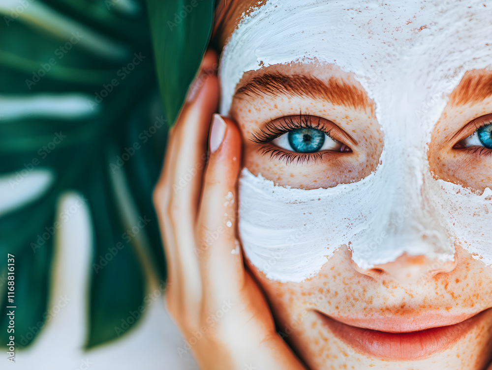 Fototapeta premium Woman with clay mud on background with green palm leaves. Relaxing at home. Beauty self care. Skincare and facial treatment concept. Natural organic cosmetic products. Spa wellness treatment concept.