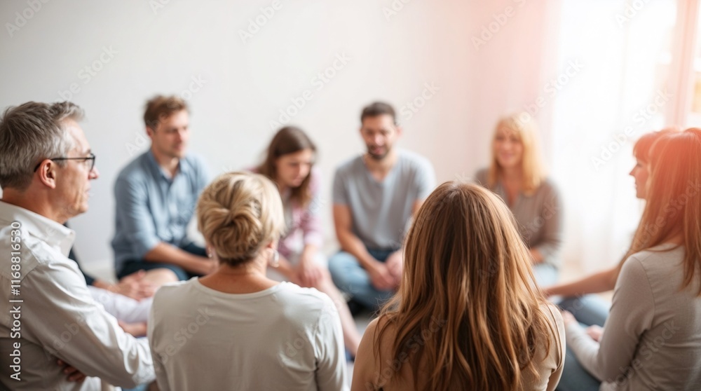 Group of people seated in a circle during a support meeting Group of people seated in a circle during a support meeting