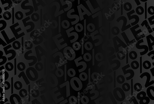 Sale 10 25 50 70 percent discount vector black seamless pattern background. Simple horizontal text geometric graphic print. Marketing Sale web page texture. Minimalistic advertising wrapping paper