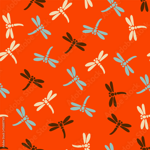 motif de tuile sans couture de style japonais avec des libellules en rouge bleu marron