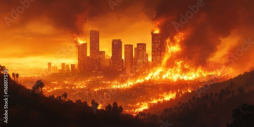 A city skyline illuminated by fiery orange hues as a wildfire engulfs the hills on its outskirts