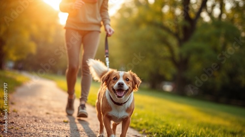 Woman walking her dog on a sunlit park trail with golden trees