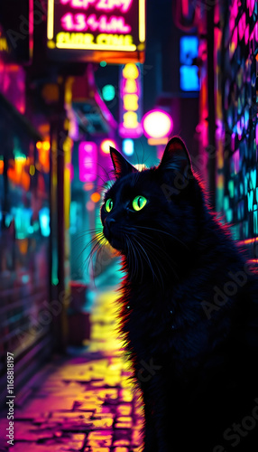 Gato negro de ojos brillantes en la calle de una ciudad de noche y luces de neón