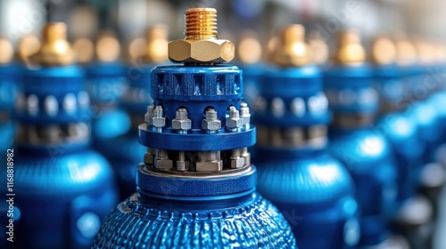 Close-Up View of Multiple Industrial Gas Cylinders with Blue Coating and Metallic Valves in a Warehouse Storage Setting for Industrial Use photo