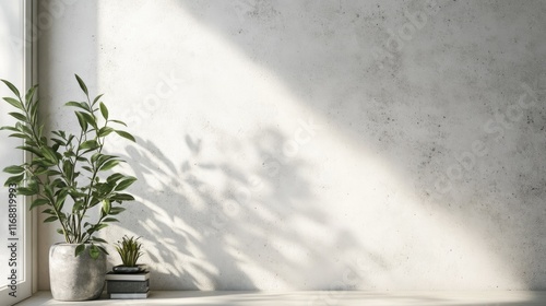 Sunlit corner with potted plants against a textured wall for home decor concepts