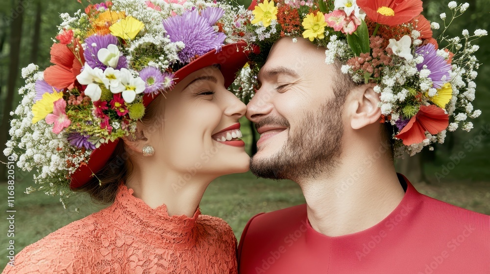 Obraz premium Romantic Couple in Flower Crowns Kissing in Park Springtime Love