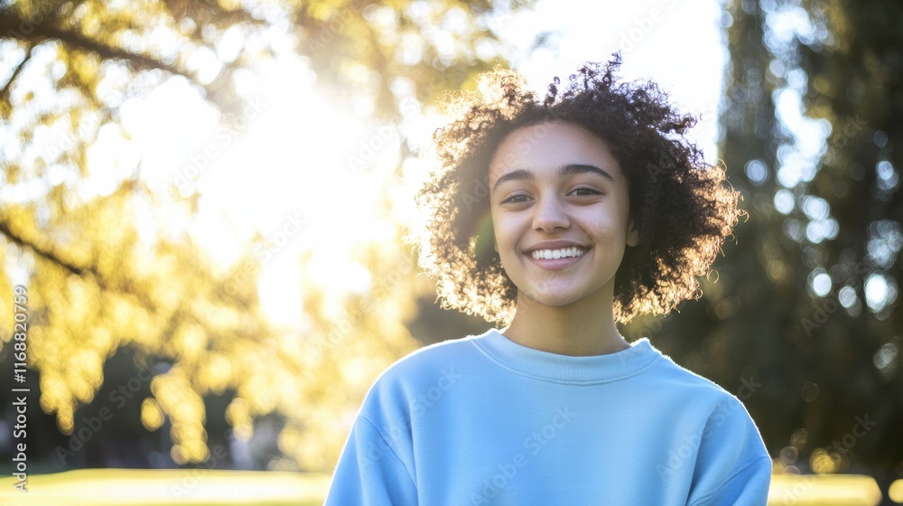 Bright and cheerful vibes – young woman in sharp focus against a sunny park setting Bright and cheerful vibes – young woman in sharp focus against a sunny park setting