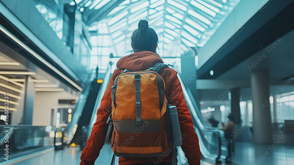 Exploring Freedom: An Adventurous Minimalist Traveler in a Spacious Airport Terminal Exploring Freedom: An Adventurous Minimalist Traveler in a Spacious Airport Terminal