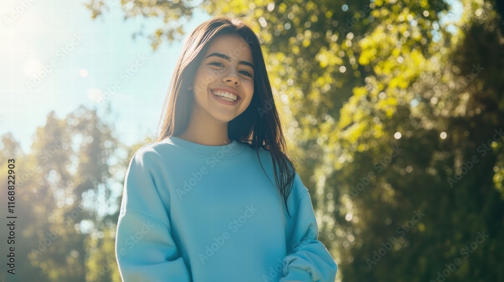 Bright and cheerful vibes – young woman in sharp focus against a sunny park setting Bright and cheerful vibes – young woman in sharp focus against a sunny park setting