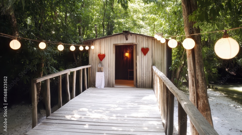 Romantic Wooden Cabin Bridge Pathway String Lights Lush Greenery Secret Garden Escape Romantic Wooden Cabin Bridge Pathway String Lights Lush Greenery Secret Garden Escape