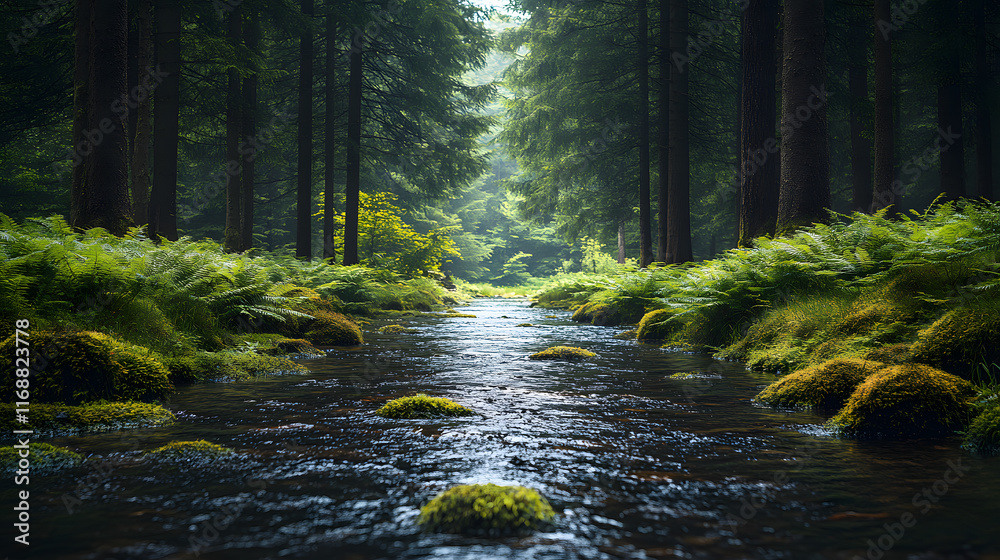 Obraz premium Photography of an untouched, wild forest with a river running through it, framed by tall trees and surrounded by lush ferns and mossy rocks.