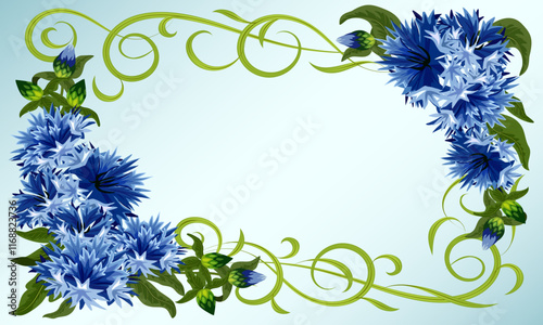Ornament and flowers in a postcard.Floral ornament and cornflowers in the decor color vector illustration.