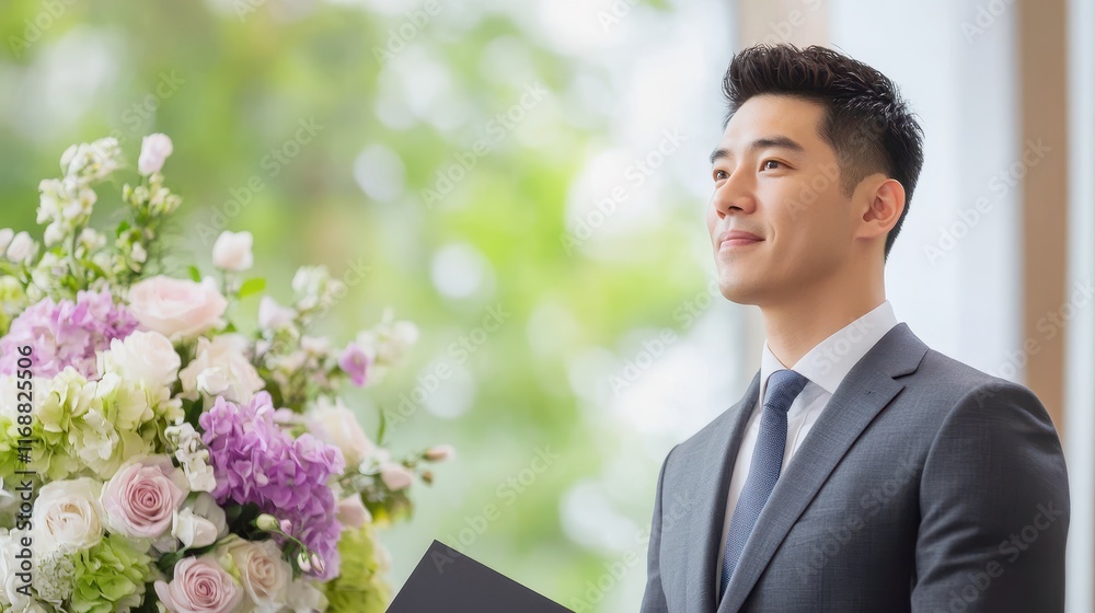 A young man in a tailored suit standing confidently near a floral arrangement, bathed in soft natural light with a serene expression. A young man in a tailored suit standing confidently near a floral arrangement, bathed in soft natural light with a serene expression.