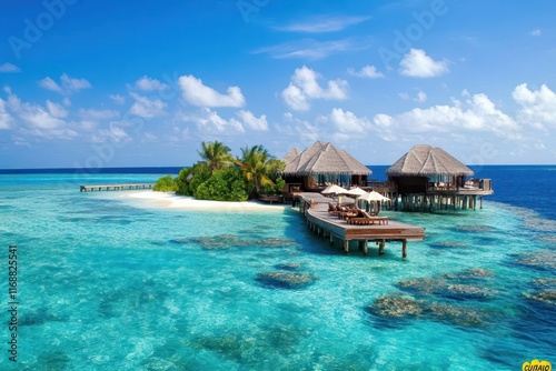 A breathtaking aerial view captures stunning expanse of Maldives island, showcasing luxurious water villas resort and intricate wooden pier against backdrop of a vibrant, sun-kissed sky and crystal  photo