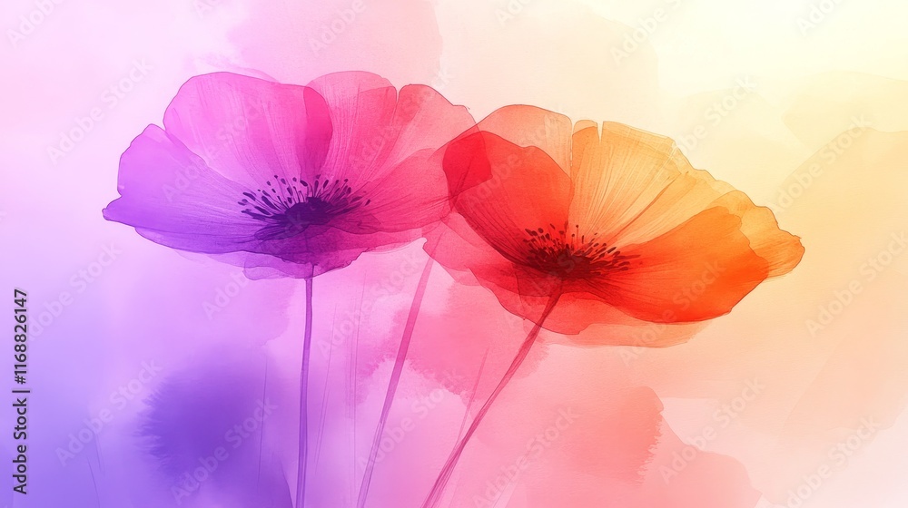 Fototapeta premium Abstract Watercolor Poppy Flowers Background in Pastel Rainbow Hues With Space For Your Text