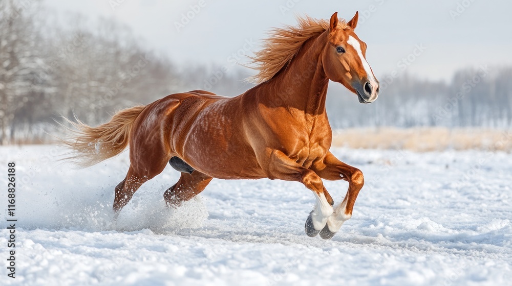 Chestnut horse running in snowy field. Chestnut horse running in snowy field.