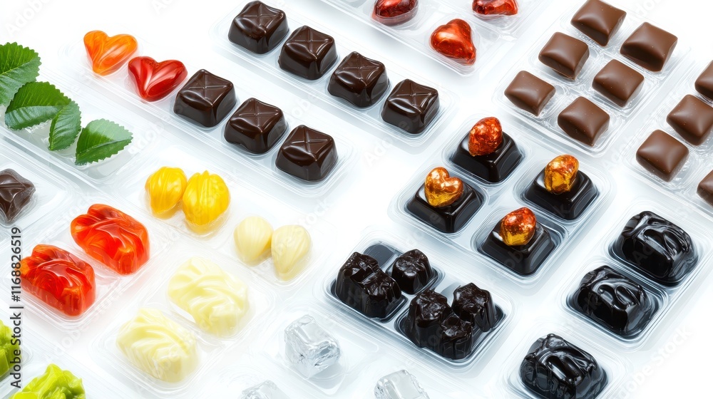 Assorted Gourmet Chocolates and Candies in Clear Packaging Luxury Confectionery Treats Assorted Gourmet Chocolates and Candies in Clear Packaging Luxury Confectionery Treats