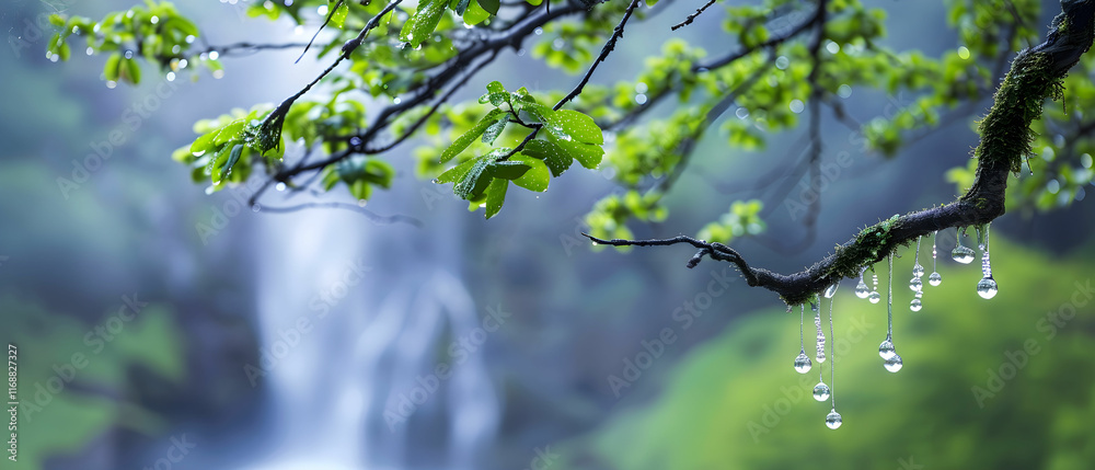 Fototapeta premium Refreshing waterfall cascading over rocks with vibrant green foliage and glistening droplets in a serene natural setting