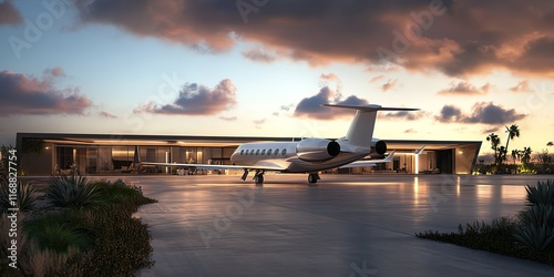 A luxury private jet landing smoothly on a quiet airstrip, emphasizing exclusivity and high-end design