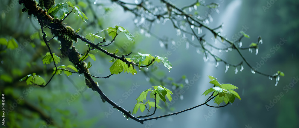 Fototapeta premium Lush Green Leaves on Branches with Dew Drops Near a Serene Waterfall in a Misty Forest Environment