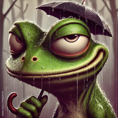 Cartoon frog with a smirking expression holding an umbrella in the rain against a moody forest background

