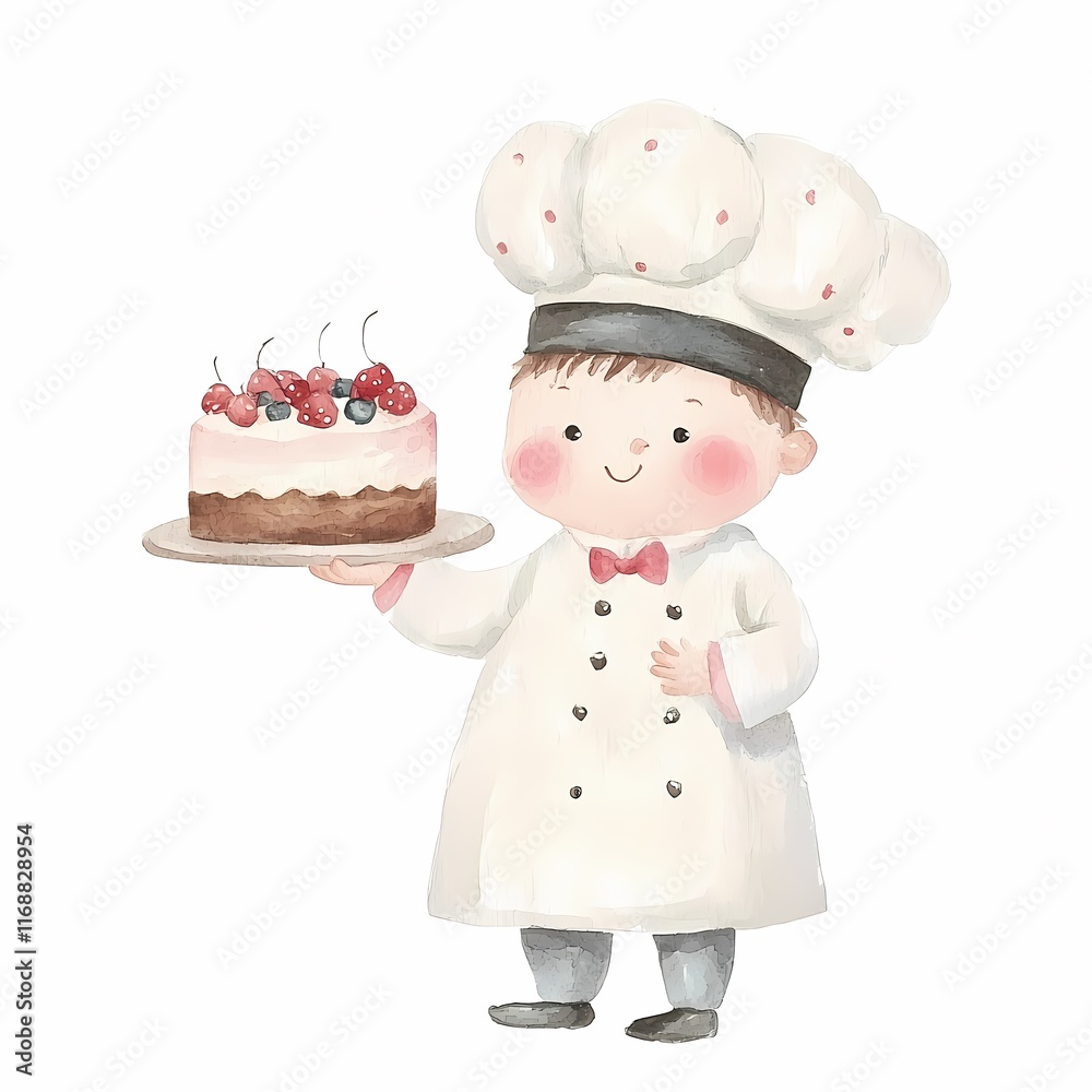 Watercolor. Cute young chef holding a cake topped with cherries, wearing a traditional chef's outfit. Watercolor. Cute young chef holding a cake topped with cherries, wearing a traditional chef's outfit.