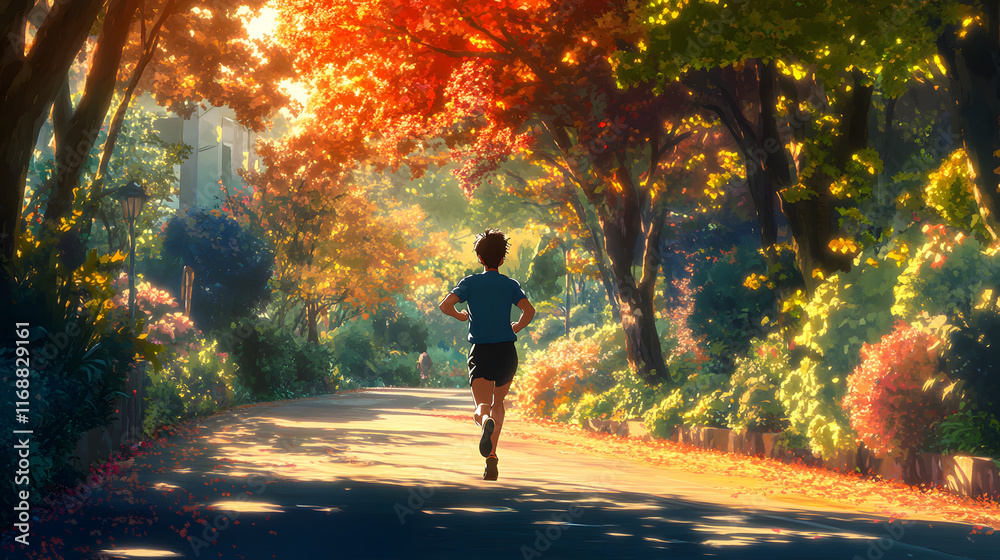 An Elegant Minimalist Runner Sprinting Along a Deserted Pathway Lined with Vibrant Foliage and Sunlight An Elegant Minimalist Runner Sprinting Along a Deserted Pathway Lined with Vibrant Foliage and Sunlight