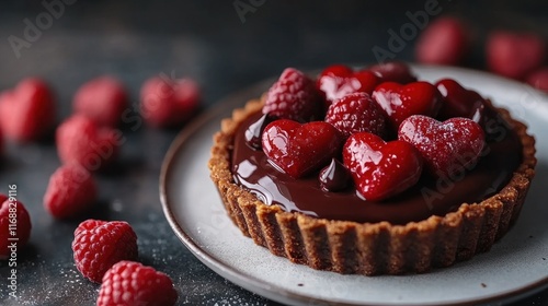 Chocolate raspberry tart with heart-shaped raspberries.