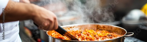 Chef stirring flavorful pasta sauce in a large pot, steam rising, kitchen atmosphere.