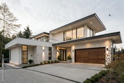 house in the suburbs modern style luxury home exterior at sunset with glowing interior lights. photo